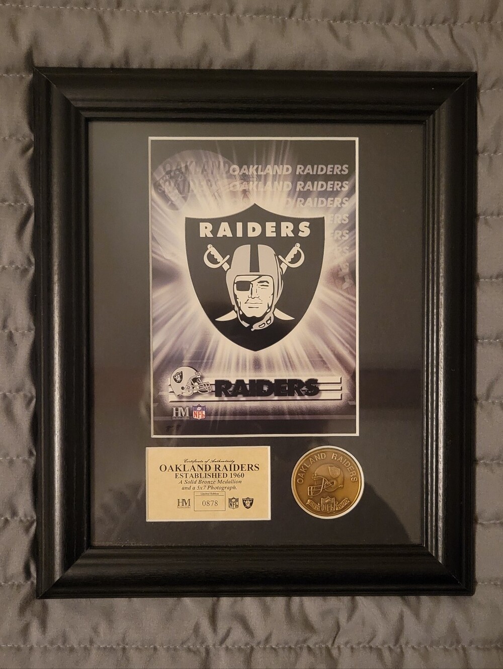 NFL #878 Oakland Raiders framed Solid bronze medallion 12x10 Inches.